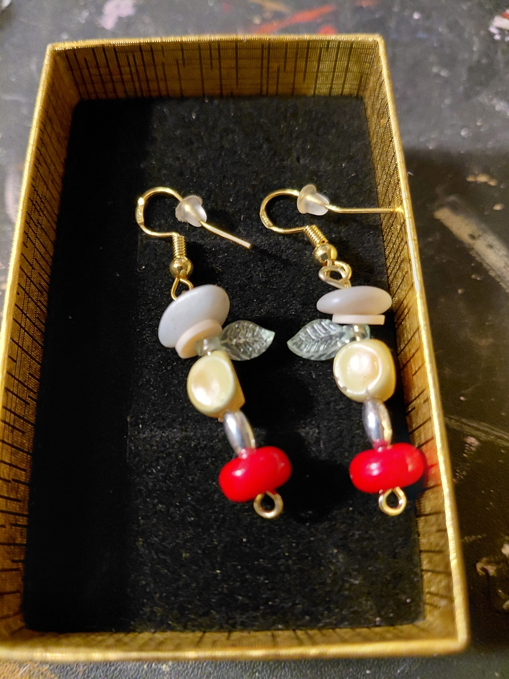 Gold-Tone Red Bead and Pearl Accent Drop Earrings